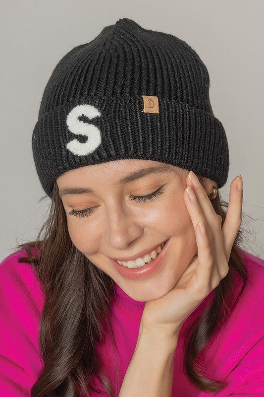 Letter S Chenille Patch Ribbed Cuff Beanie Hat - East Hills Casuals