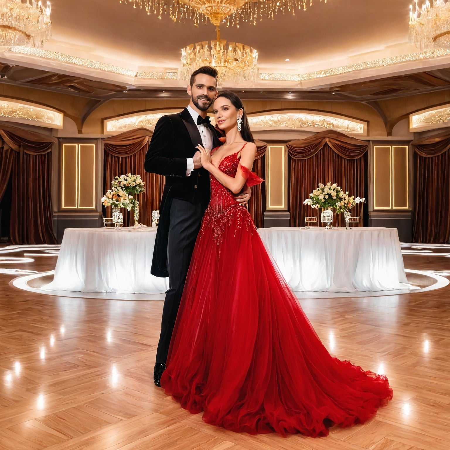 A woman in a red ballroom gown and a man in a black tux dancing in a ballroom