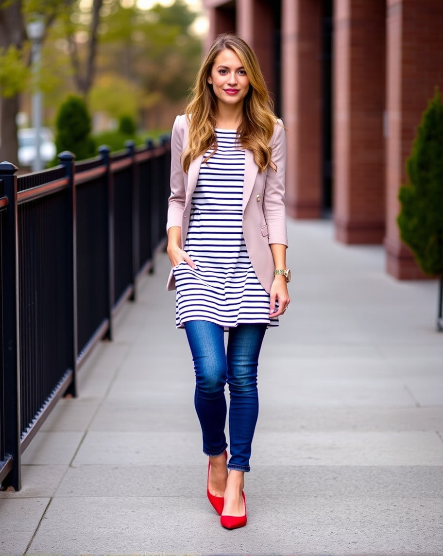 lady walking on the side walk wearing a blazer jeans and a striped blouse