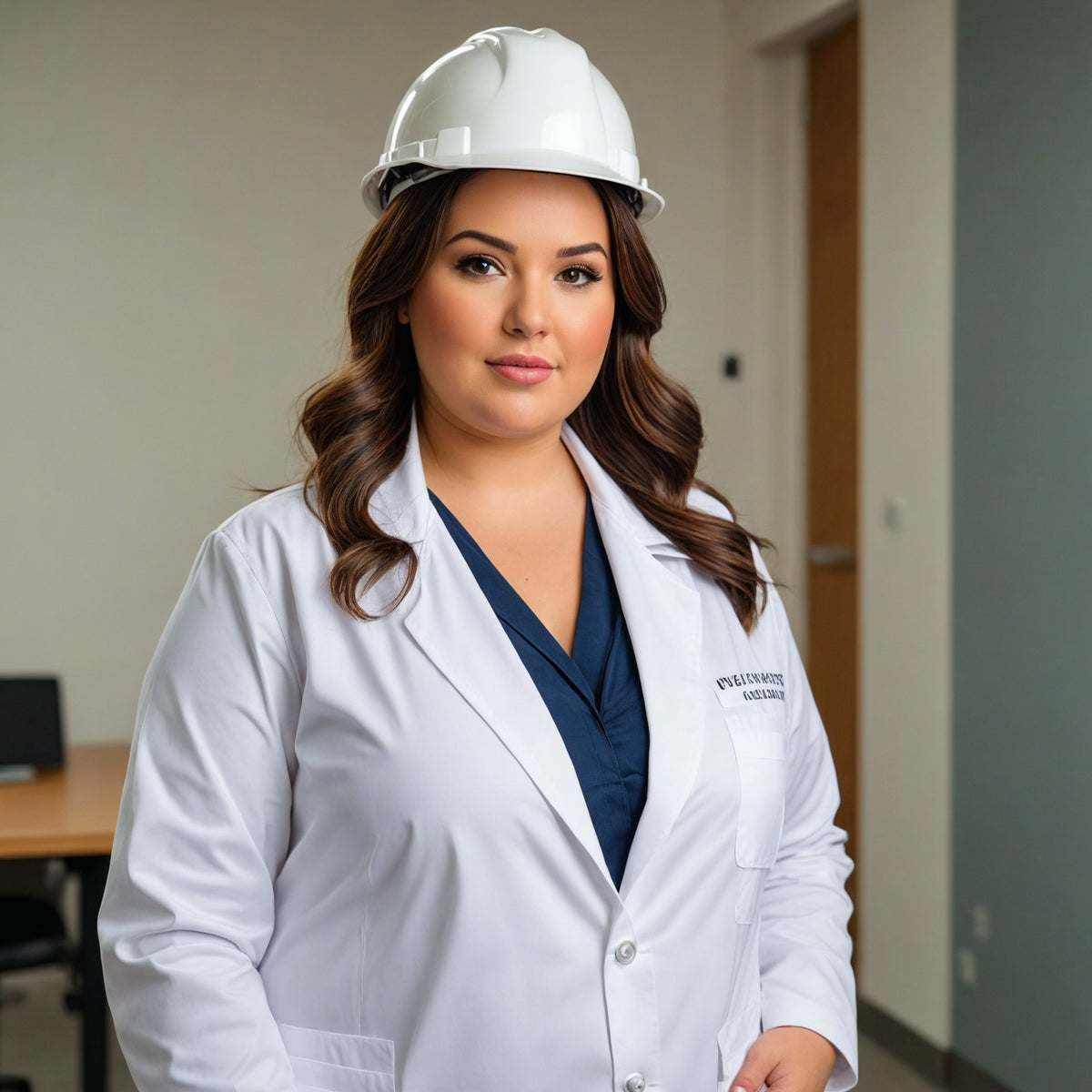 A woman wearing a white lab coat and a hard hat