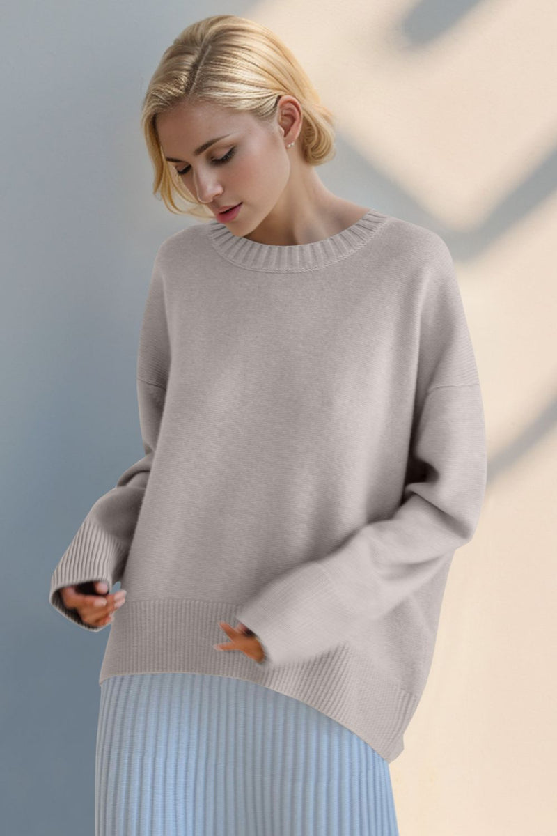 Beige Basic Bae Round Neck Dropped Shoulder Sweater