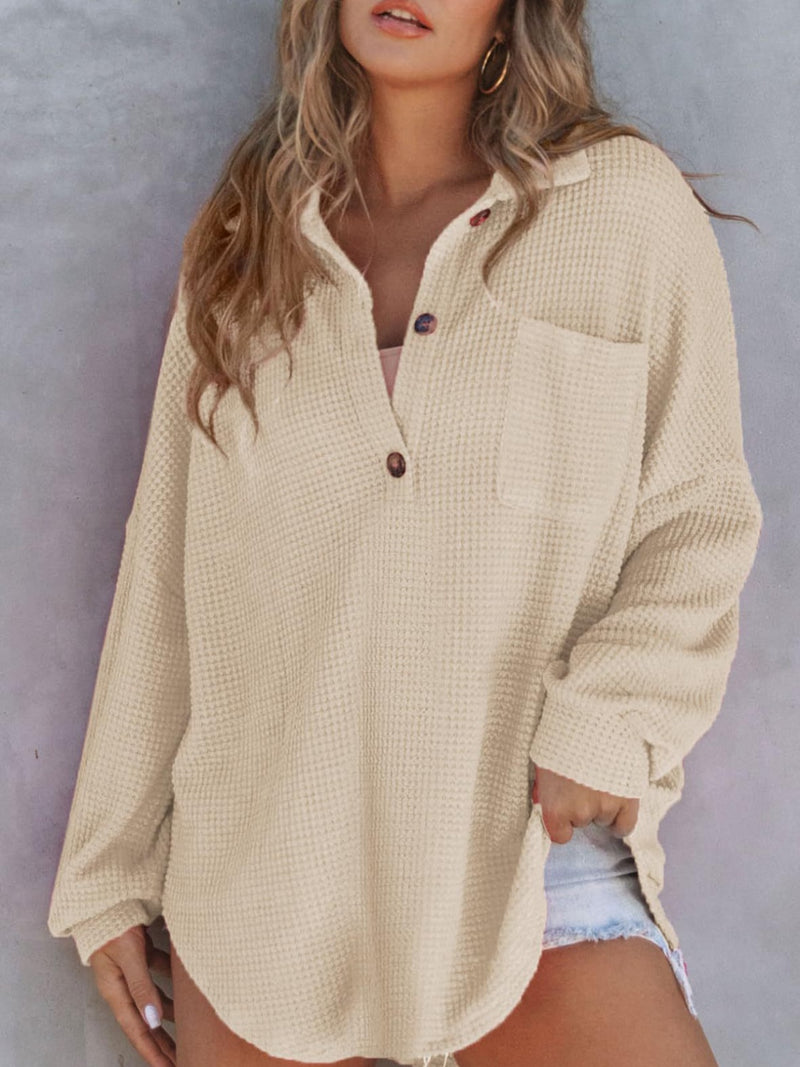 Beige Waffle-Knit Dropped Shoulder Long Sleeve Sweatshirt