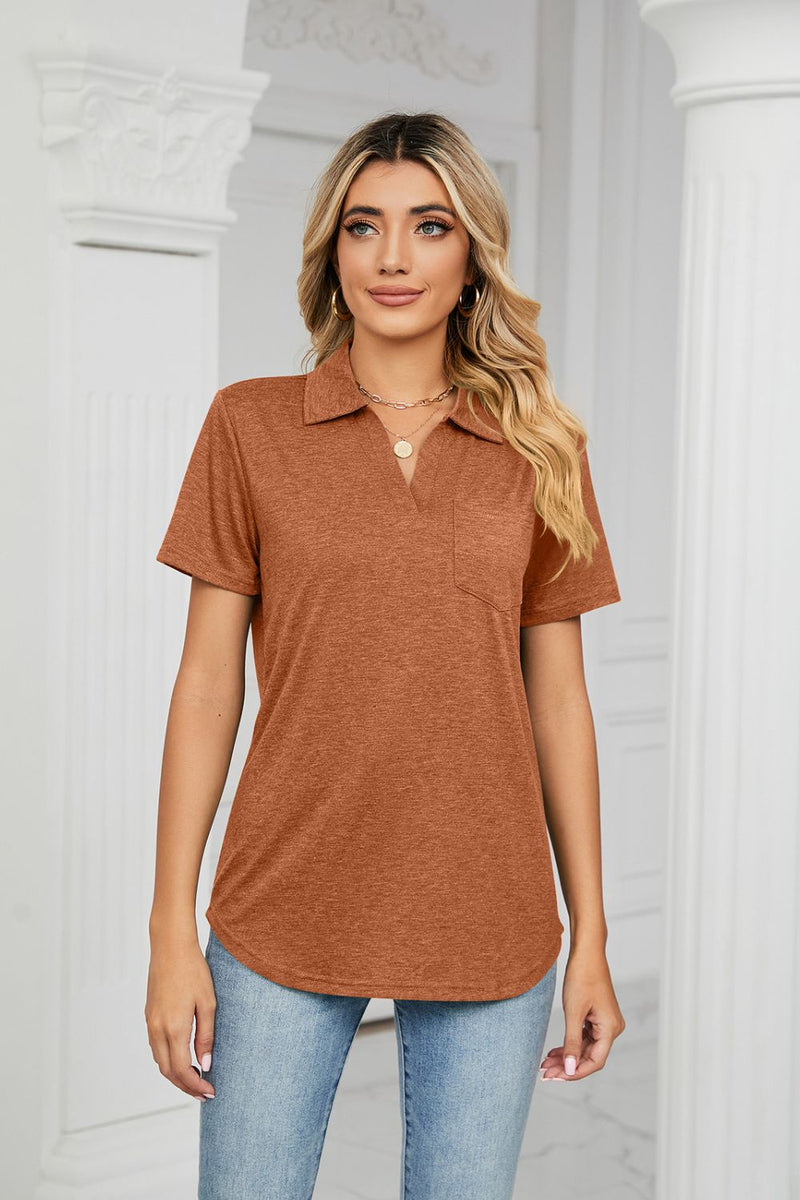 Brown Curved Hem Johnny Collar Polo Shirt