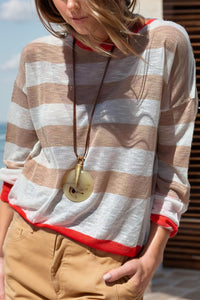 Contrast Striped Round Neck Long Sleeve Knit Top