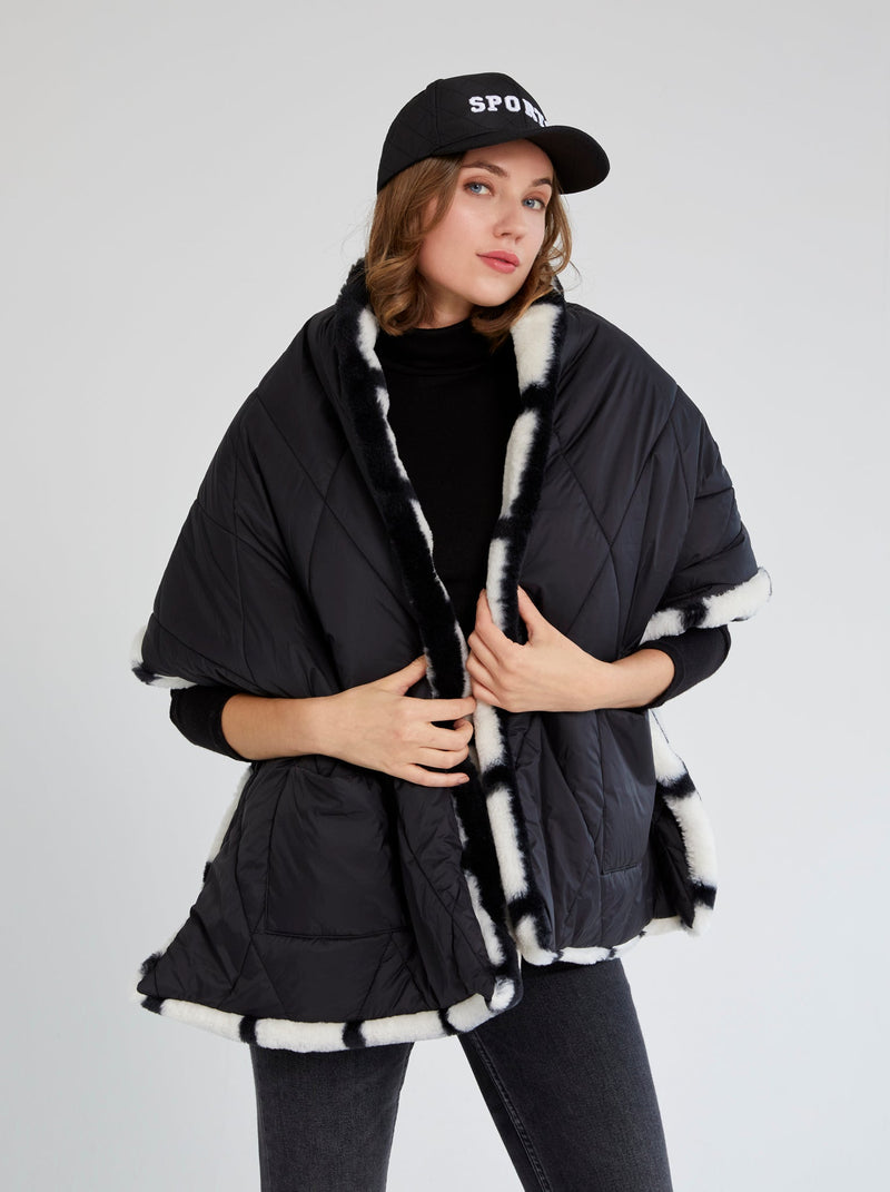 Woman showing how to wear the Shiraleah Malena Puffer Wrap, Black