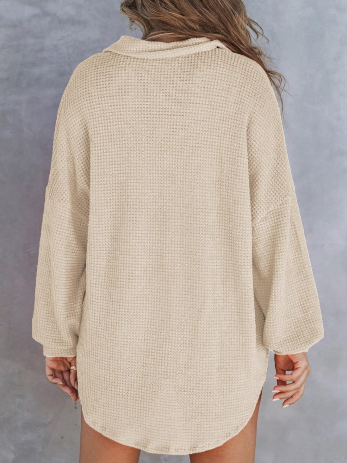 Back view of beige Waffle-Knit Dropped Shoulder Long Sleeve Sweatshirt