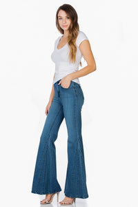 Right side view of High Waisted Wide Mermaid Flare Denim Jeans