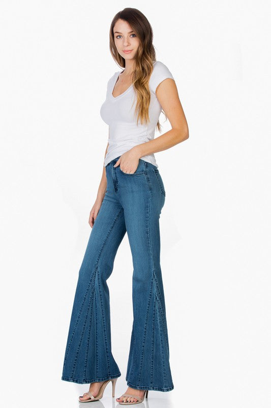 Right side view of High Waisted Wide Mermaid Flare Denim Jeans