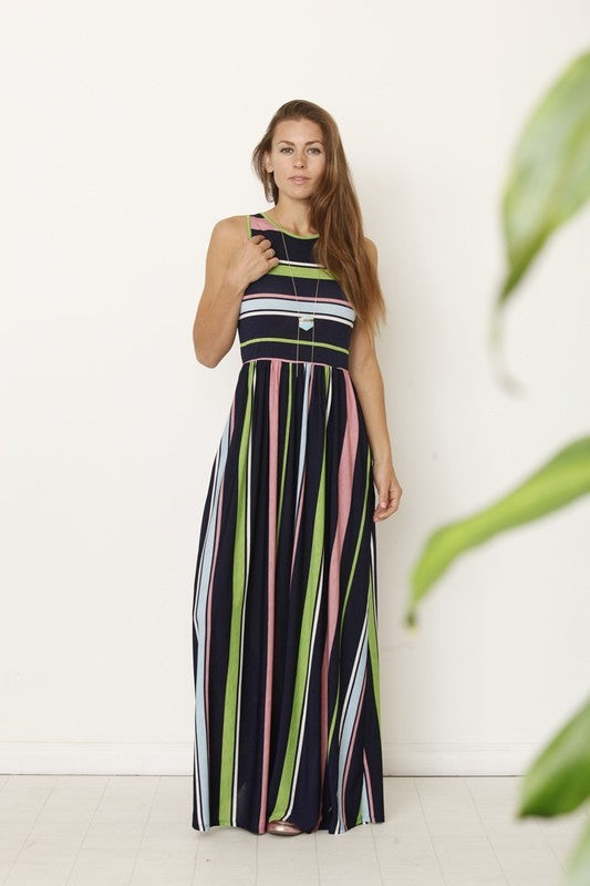 Front view of Multi color stripe maxi dress with hidden pocket