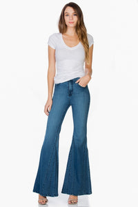 Front view of High Waisted Wide Mermaid Flare Denim Jeans