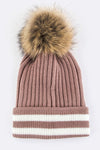 Raccoon Fur PomPom Stripe Hem Beanie