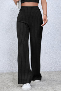 Full view of Basic Bae Full Size Ribbed High Waist Flare Pants