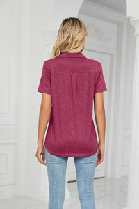 Back view of burgundy Curved Hem Johnny Collar Polo Shirt