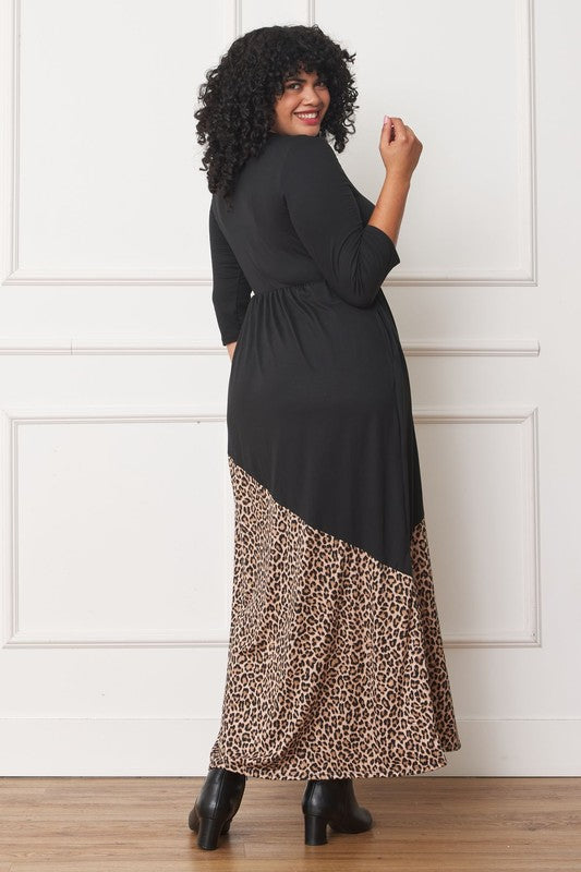 Side view of Asymmetrical Leopard Accent Maxi Dress