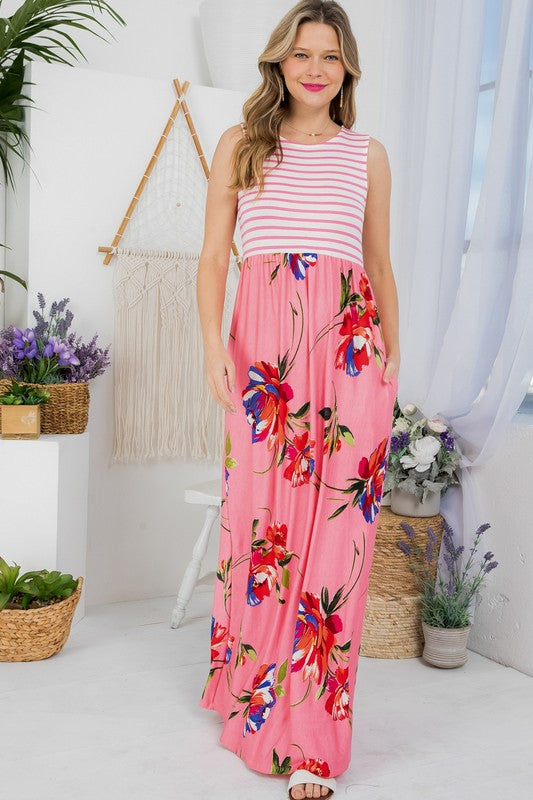 Front view of the pocket on LORAL MIX TANK MAXI DRESS-pink