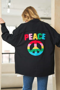 MULTI COLOR LETTERING PEACE SYMBOL BUTTON UP SHIRT