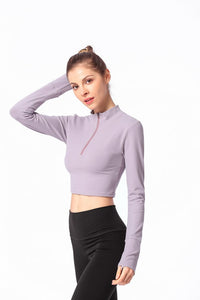 Long Sleeve Fitted Shirt with Zipper and Small Open Back for yoga