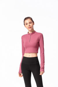 Pink Long Sleeve Fitted Shirt with Zipper and Small Open Back