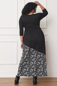 View of the back of Asymmetrical Leopard Accent Maxi Dress