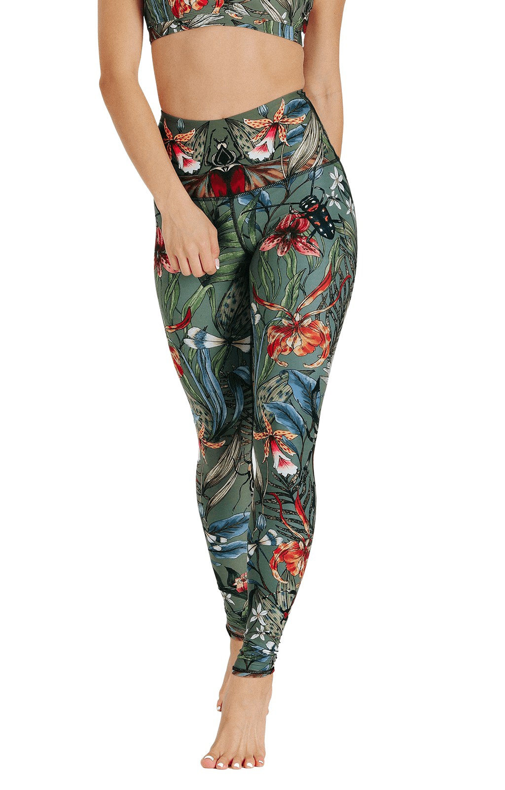 Front view of Green Thumb Printed Yoga Leggings