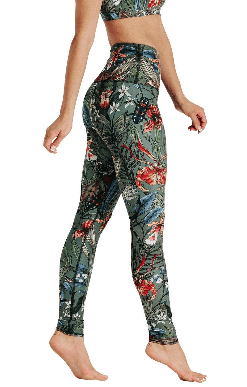 Left side view of Green Thumb Printed Yoga Leggings