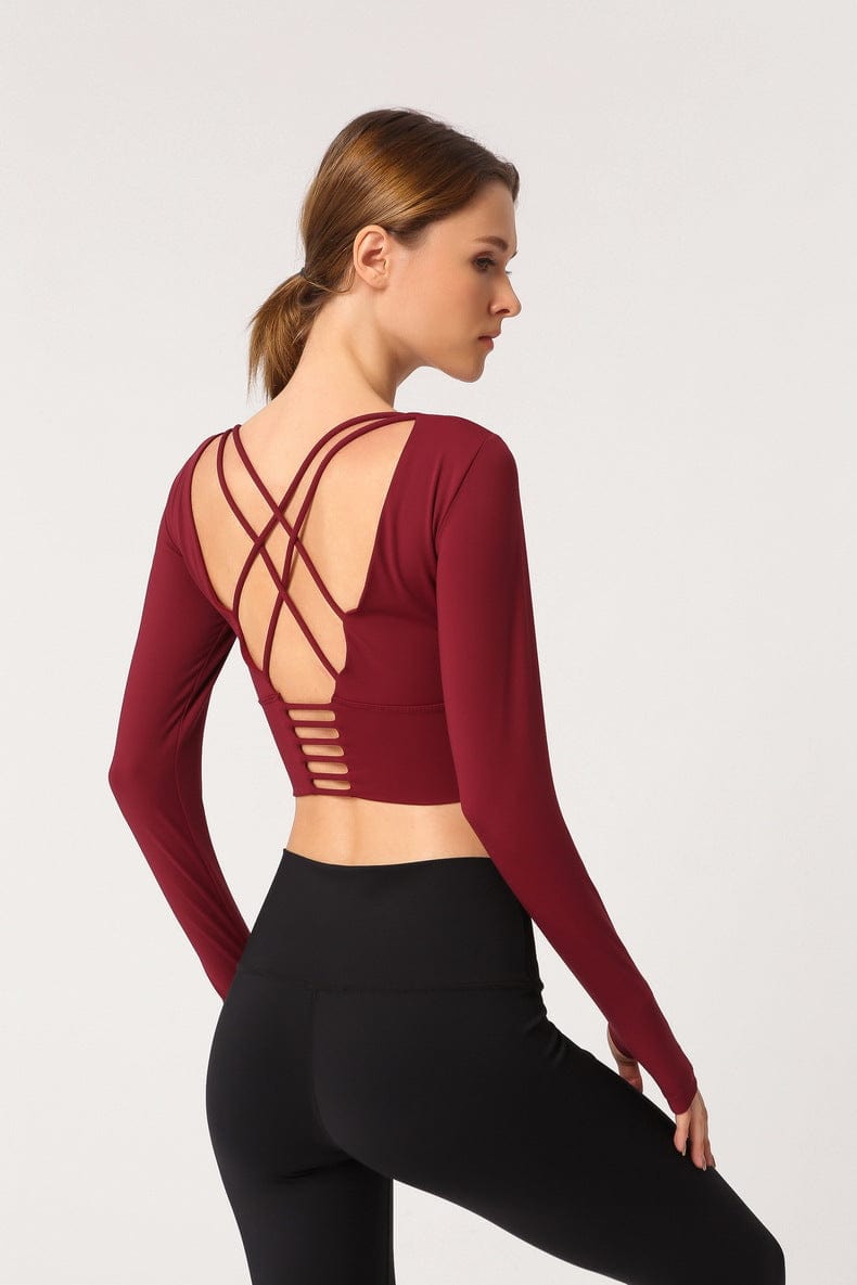 Burgundy Long Sleeve Fitted Sport Shirt with Open Criss Cross Back