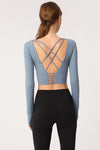 Blue Long Sleeve Fitted Sport Shirt with Open Criss Cross Back