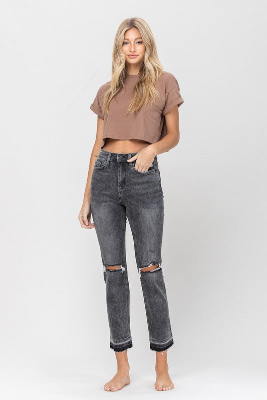 High Rise Released Hem Straight Leg Jeans