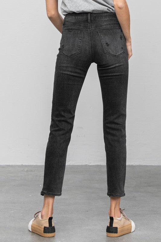 Black Mid Rise Distressed Straight Jeans