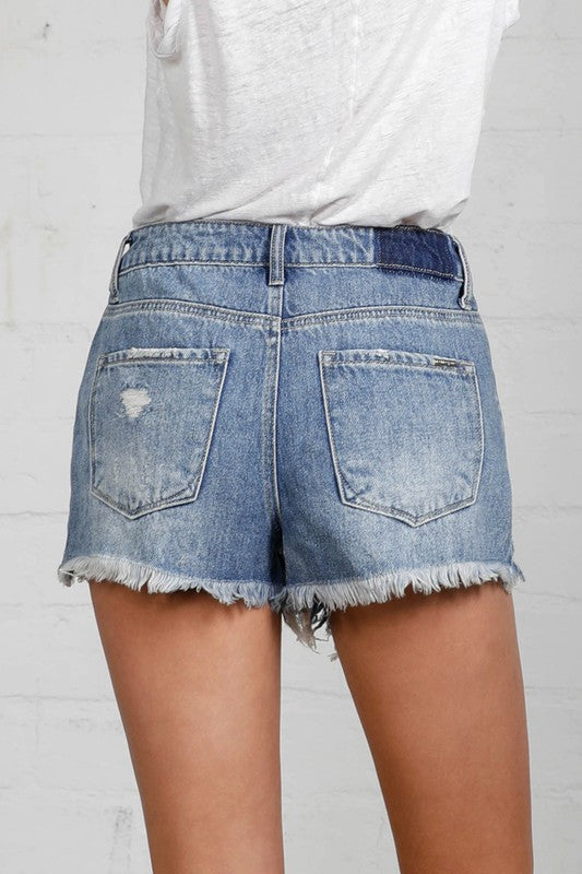 Back view of Frayed Hem Distressed Denim Shorts