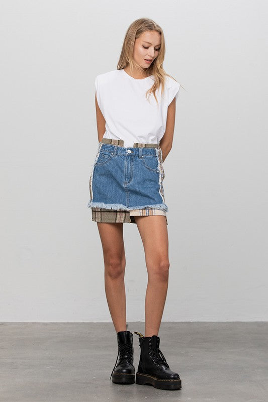 Cute PLAID CHECKER DENIM MINI SKIRT