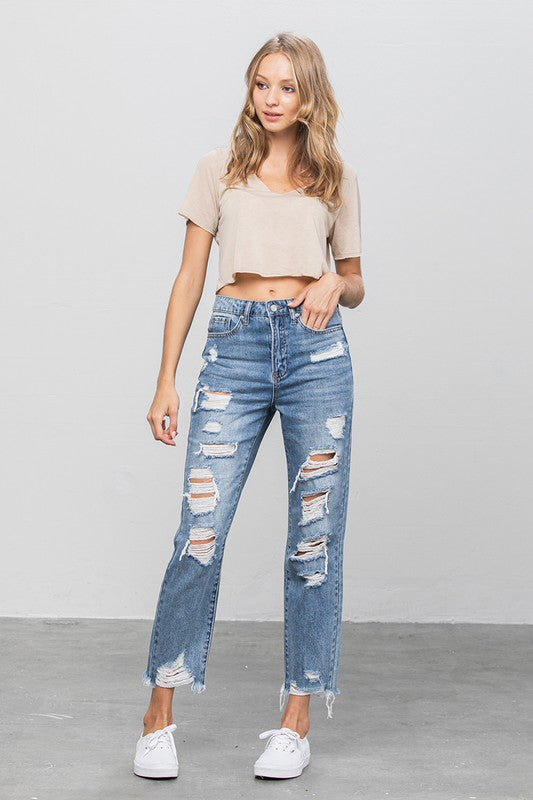 Sexy HIGH WAIST HEAVY DISTRESSED GIRLFRIEND JEANS