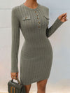 Perfee Decorative Button Round Neck Long Sleeve Dress