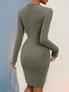 Perfee Decorative Button Round Neck Long Sleeve Dress