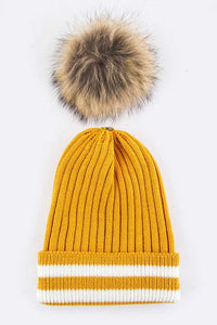 Raccoon Fur PomPom Stripe Hem Beanie