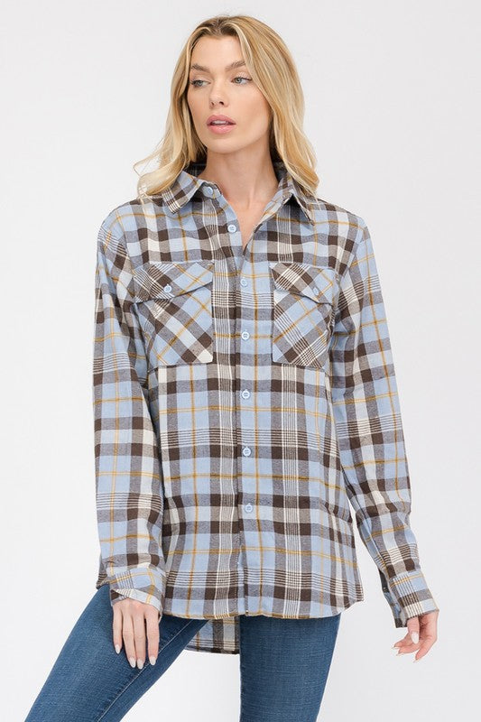 Boyfriend Fit Checker Plaid Flannel Long Sleeve