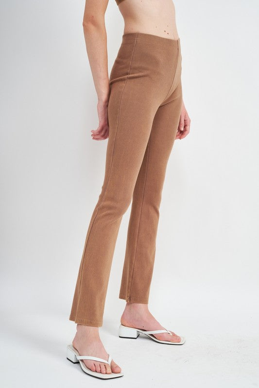 Side view of HIGH WAIST RIB FLARED PANTS-brown