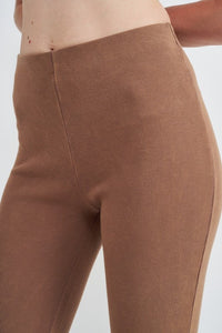 Zoom in view of top half of HIGH WAIST RIB FLARED PANTS-brown