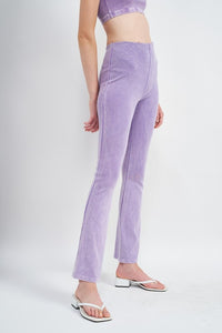 Side view of HIGH WAIST RIB FLARED PANTS-purple