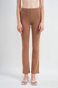 front view of HIGH WAIST RIB FLARED PANTS-brown