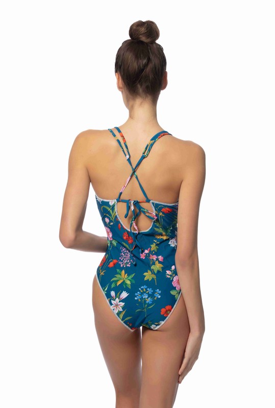 Back of BLUE FLORAL ONE PIECE SWIMSUIT W/STITCHING DETAILS