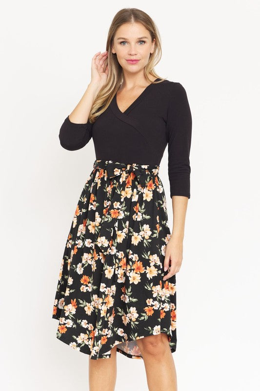 Surplice Floral Sash Midi Dress