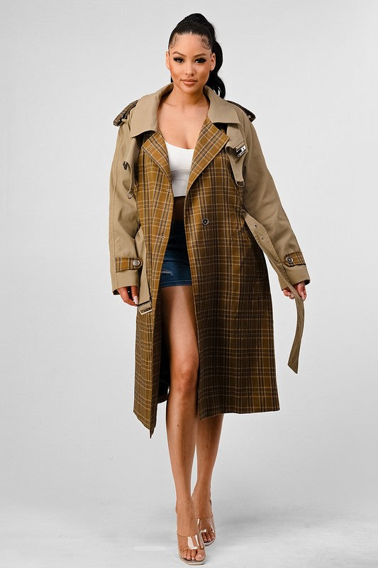 Full view of ATHINA PLAID AND KHAKI CONTRAST TRENCH COAT