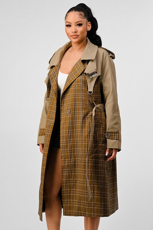 Side view of ATHINA PLAID AND KHAKI CONTRAST TRENCH COAT