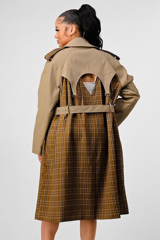 Back view of ATHINA PLAID AND KHAKI CONTRAST TRENCH COAT