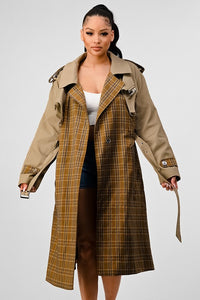 Front view of ATHINA PLAID AND KHAKI CONTRAST TRENCH COAT