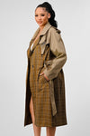 Left side view of ATHINA PLAID AND KHAKI CONTRAST TRENCH COAT