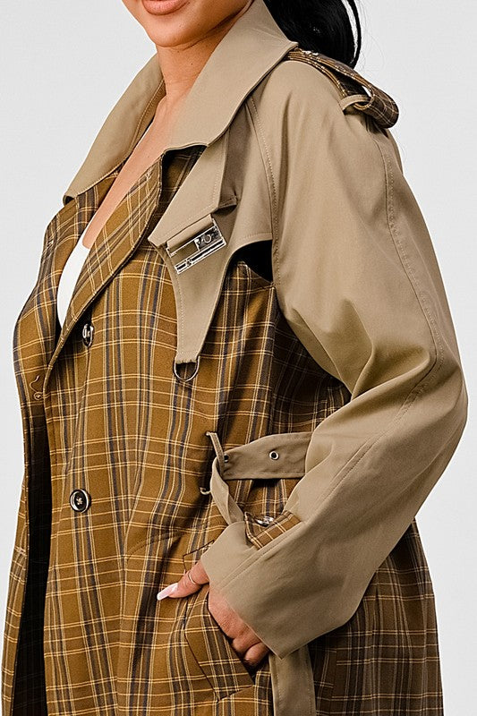 Close up view of ATHINA PLAID AND KHAKI CONTRAST TRENCH COAT