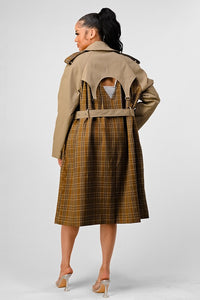 Full back view of ATHINA PLAID AND KHAKI CONTRAST TRENCH COAT