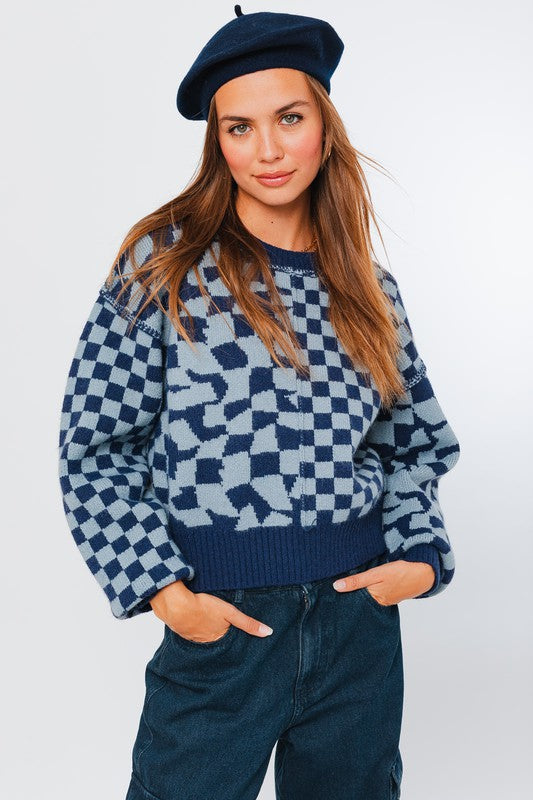 LONG SLEEVE CHECKER BOARD SWEATER